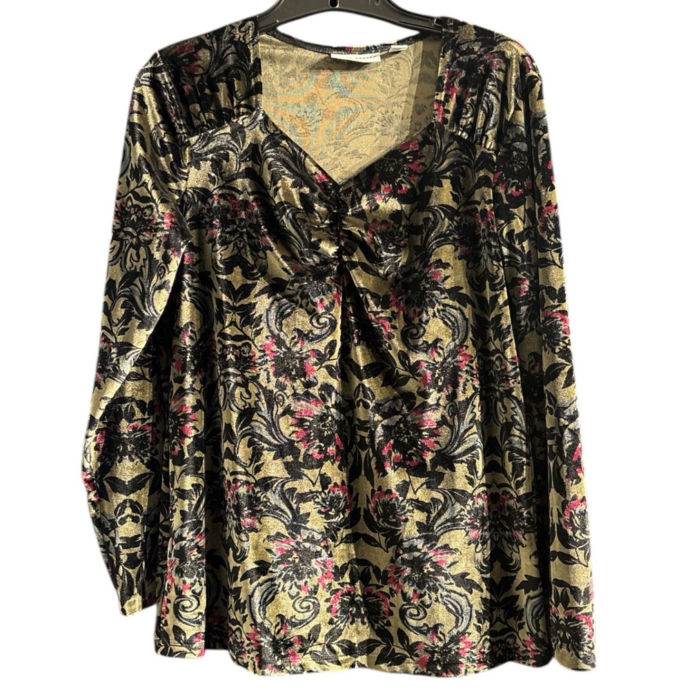 Susan Graver Gold and Red Long Sleeve Ruched Blouse